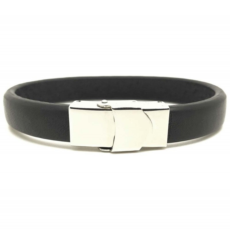 Bracelet 'Cuir Plat 10 mm' Medium Noir