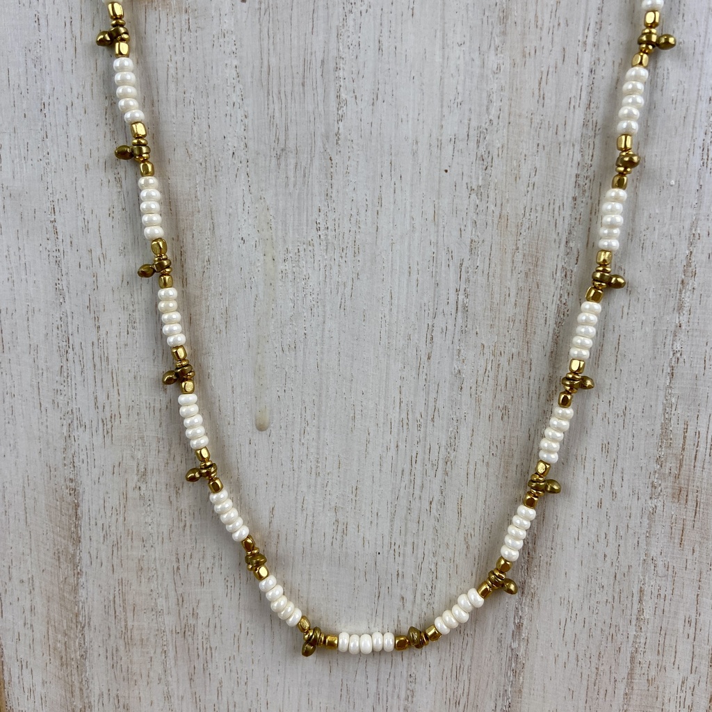 Sautoir 'Tara' - Laiton & Perles en Céramique - Blanc - Nataraj