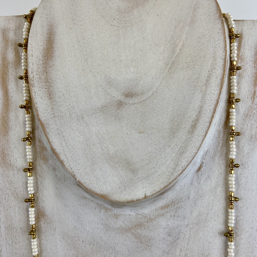 Sautoir 'Tara' - Laiton & Perles en Céramique - Blanc - Nataraj