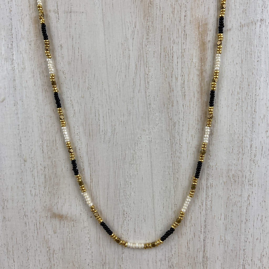 Sautoir 'Miao' - Laiton & Perles en Céramique - Blanc & Noir - Nataraj