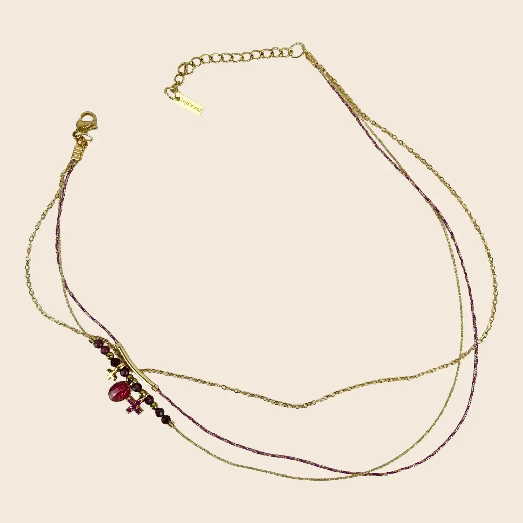 Bracelet double tour 'Lara' – Chaine acier & laiton doré 2µ – Grenat – By Garance