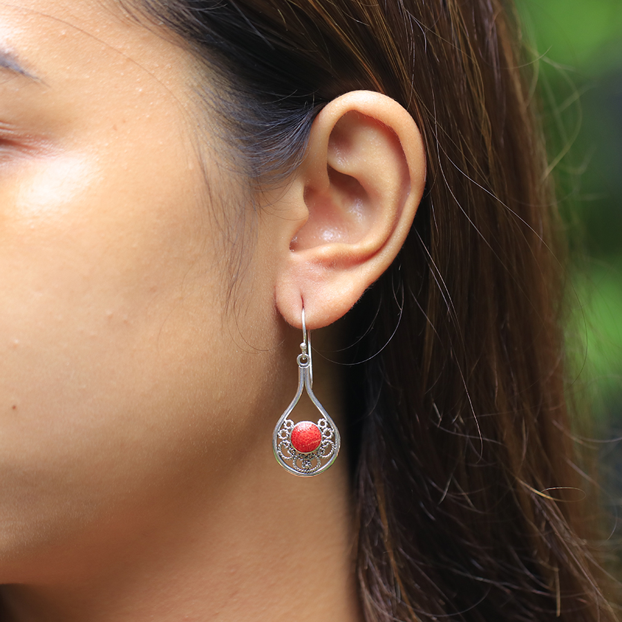 Boucles d'Oreilles Argent 925 & Corail Rouge [0537]