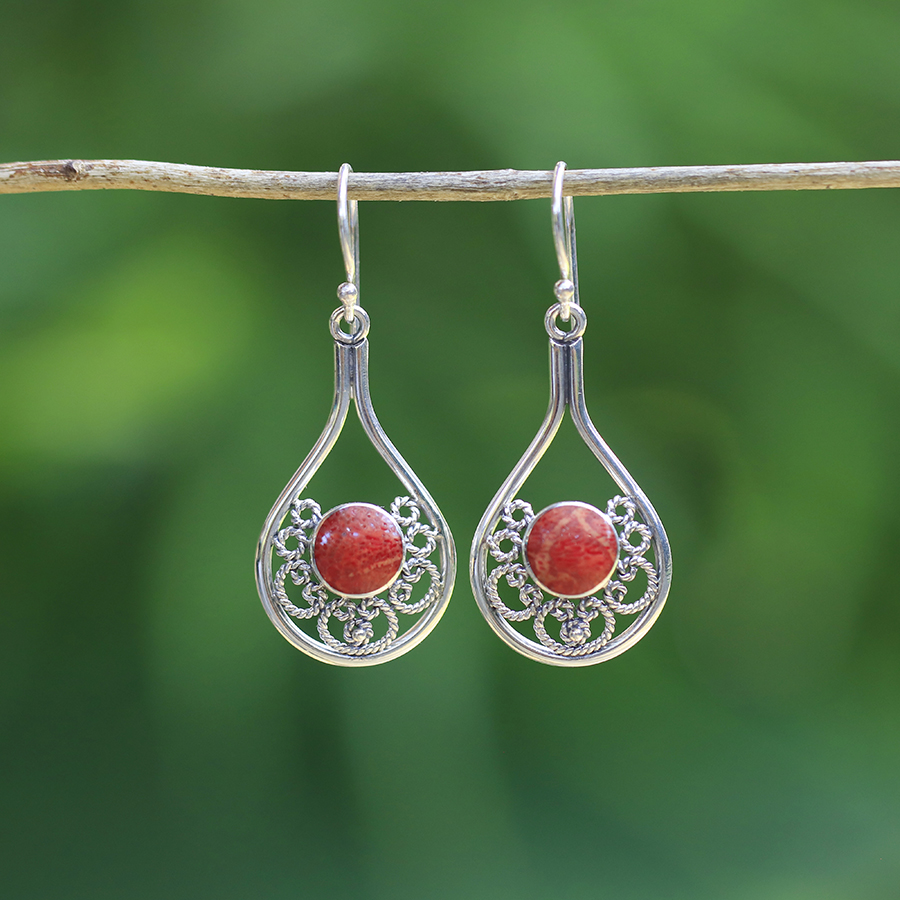 Boucles d'Oreilles Argent 925 & Corail Rouge [0537]