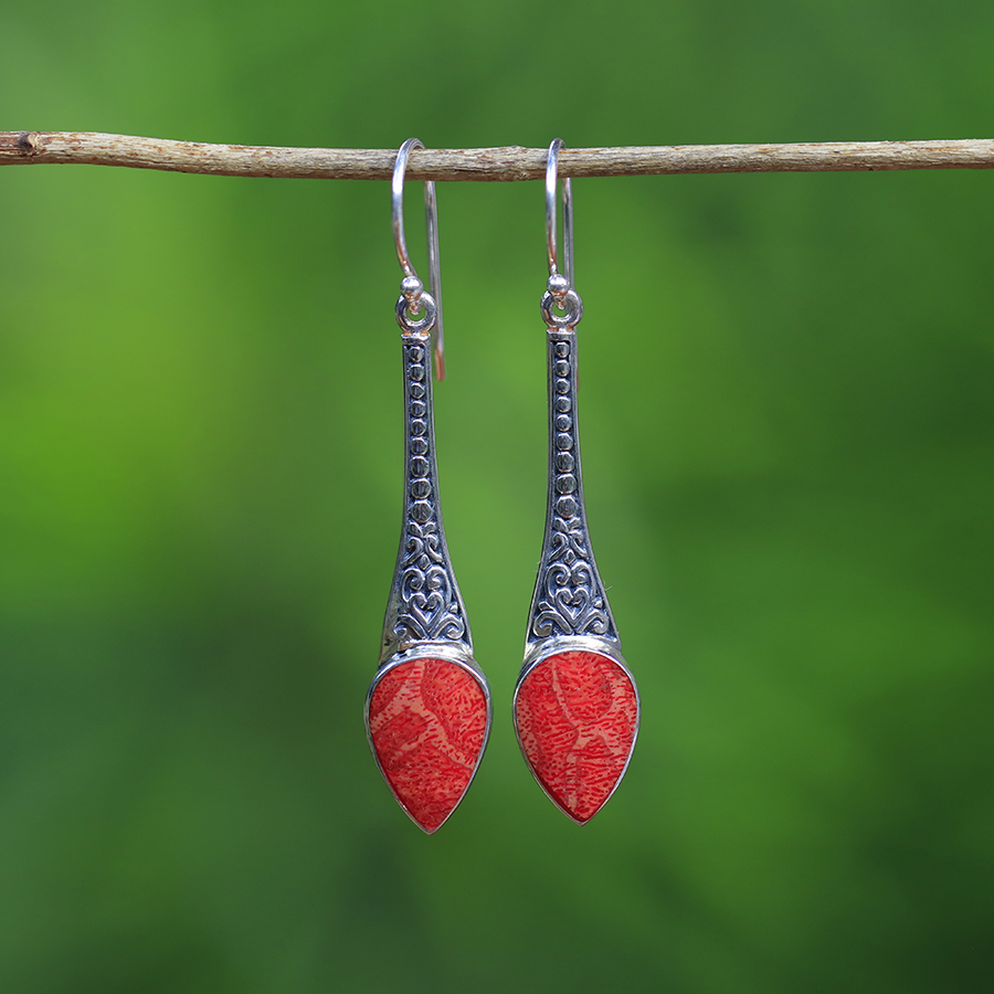 Boucles d'Oreilles Argent 925 & Corail Rouge [0542]