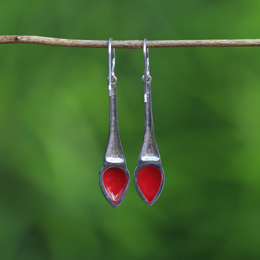 Boucles d'Oreilles Argent 925 & Corail Rouge [0542]