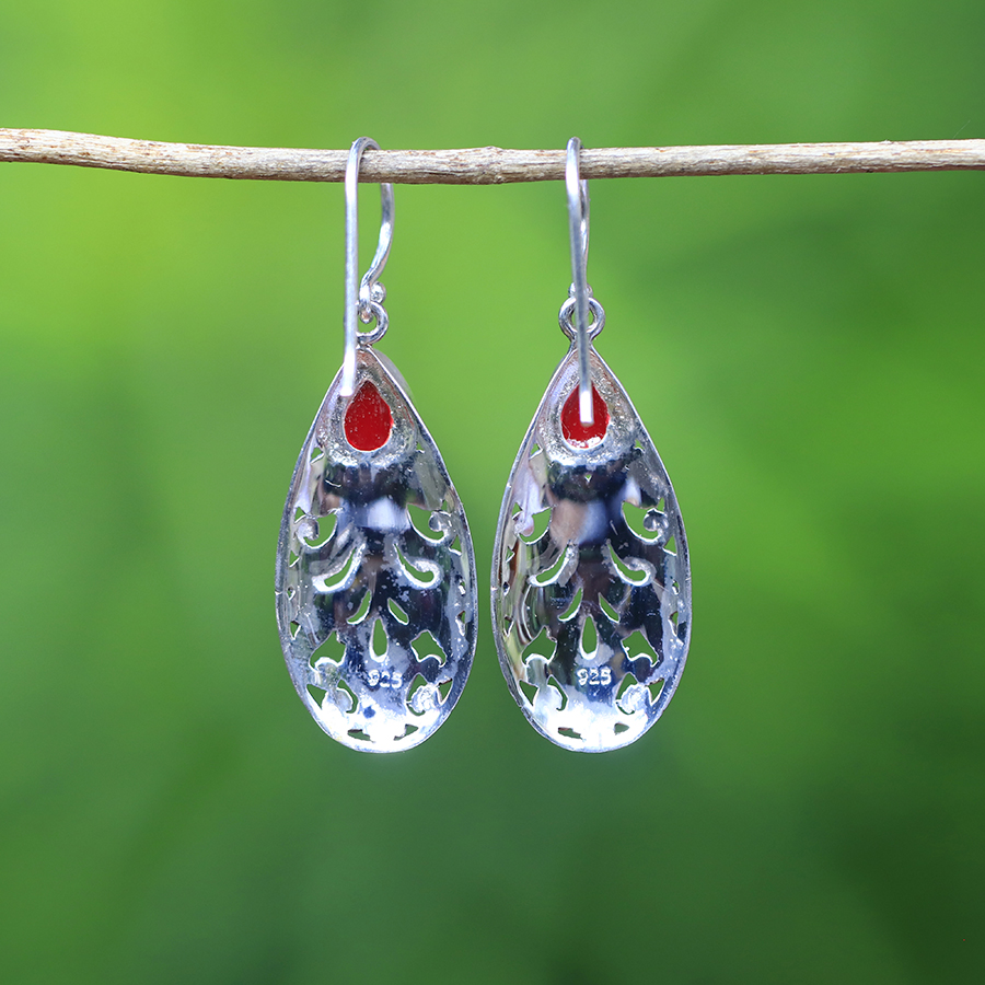 Boucles d'Oreilles Argent 925 & Corail Rouge [0549]