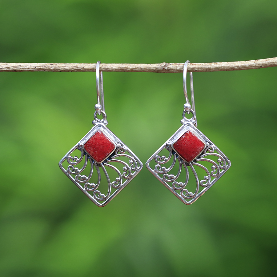 Boucles d'Oreilles Argent 925 & Corail Rouge [0556]