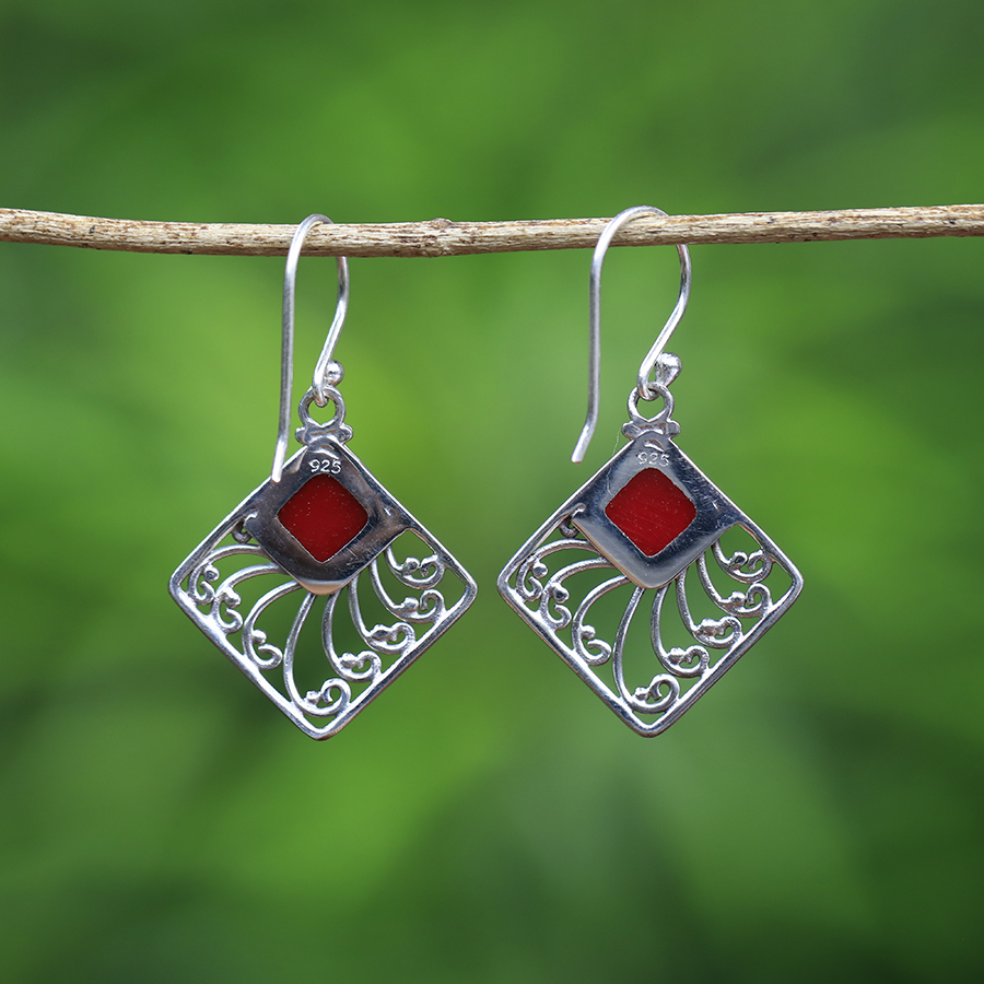 Boucles d'Oreilles Argent 925 & Corail Rouge [0556]