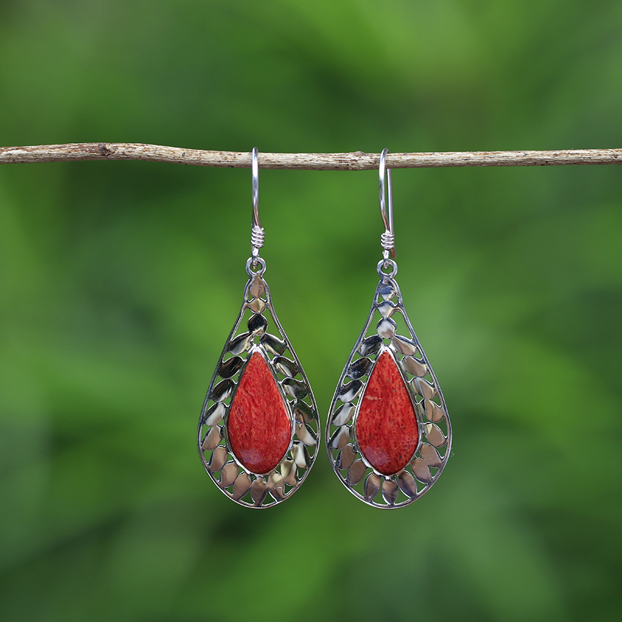Boucles d'Oreilles Argent 925 & Corail Rouge [0557]