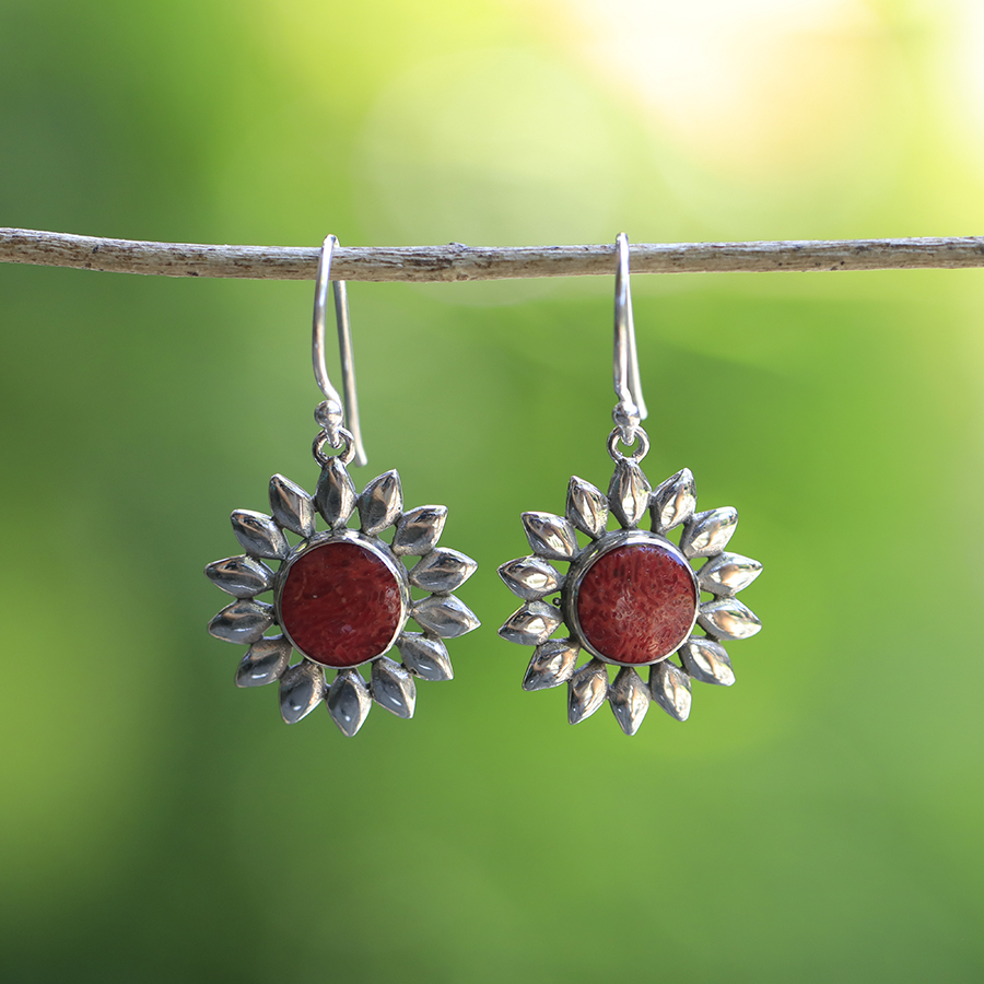 Boucles d'Oreilles Argent 925 & Corail Rouge [0558]