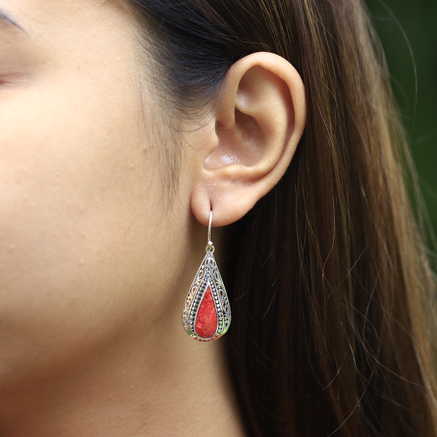 Boucles d'Oreilles Argent 925 & Corail Rouge [0559]