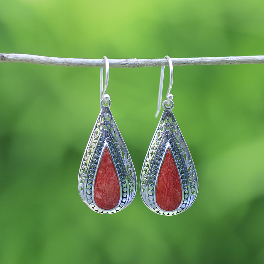 Boucles d'Oreilles Argent 925 & Corail Rouge [0559]