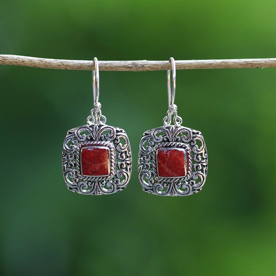 Boucles d'Oreilles Argent 925 & Corail Rouge [0563]