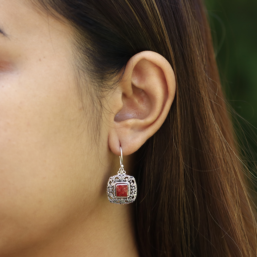 Boucles d'Oreilles Argent 925 & Corail Rouge [0563]