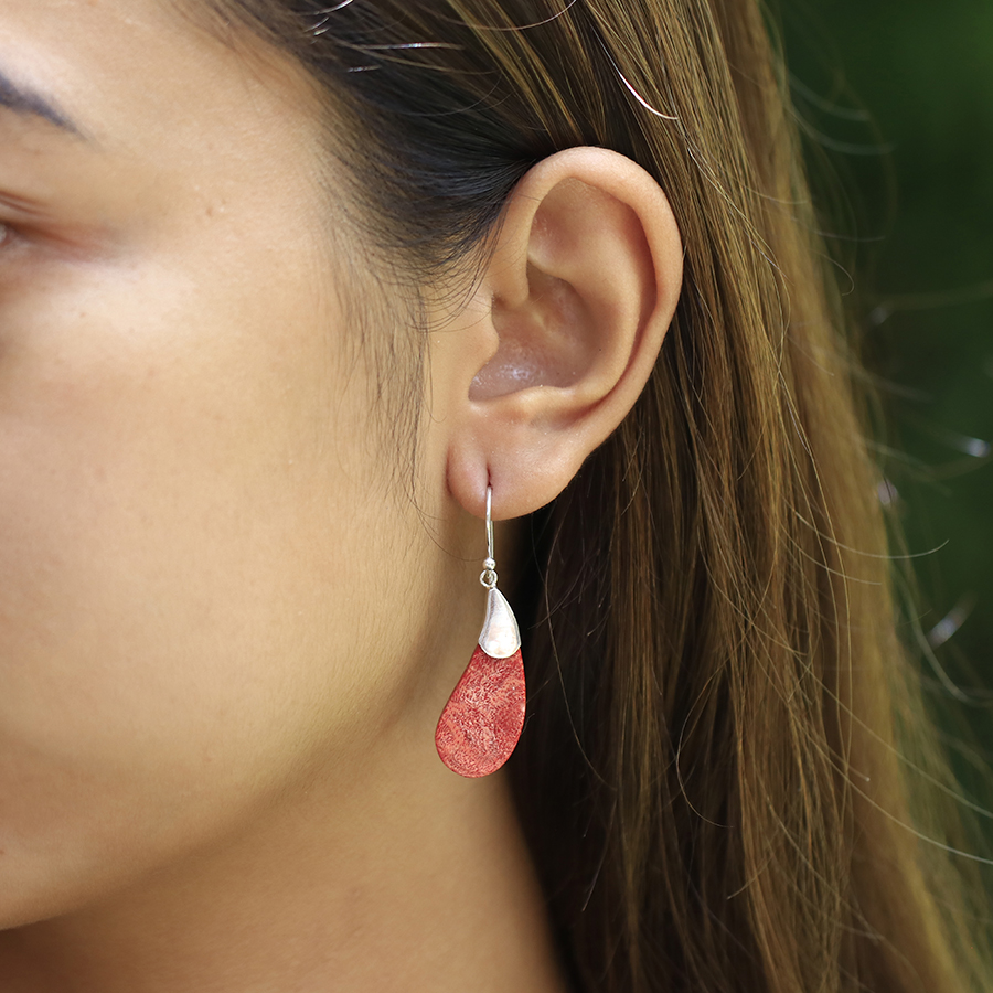 Boucles d'Oreilles Argent 925 & Corail Rouge [0572]