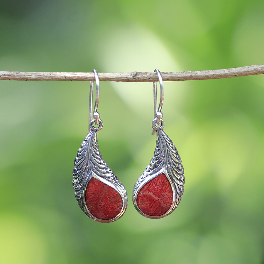 Boucles d'Oreilles Argent 925 & Corail Rouge [0574]