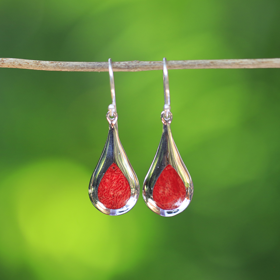 Boucles d'Oreilles Argent 925 & Corail Rouge [0577]