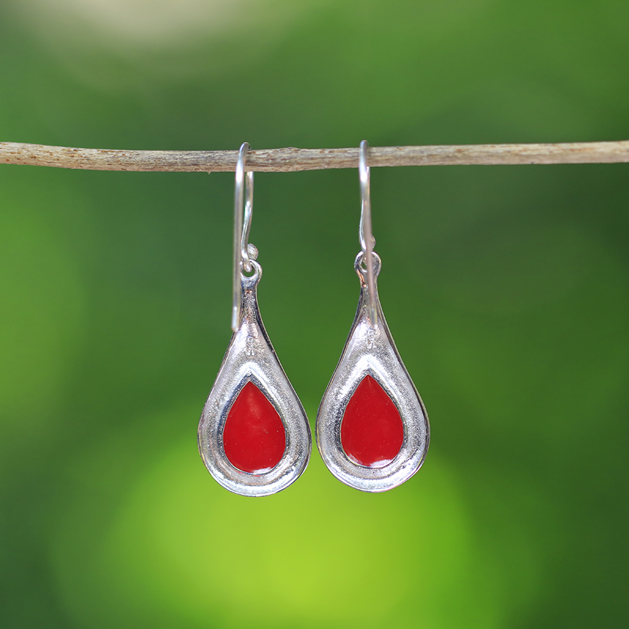 Boucles d'Oreilles Argent 925 & Corail Rouge [0577]