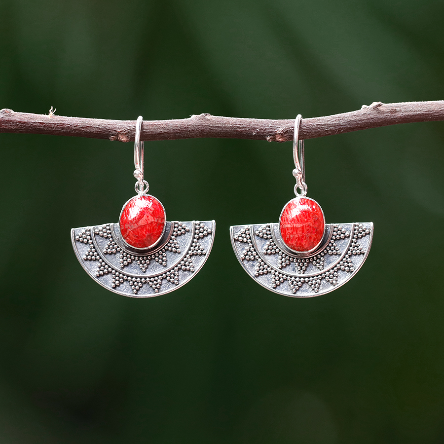 Boucles d'Oreilles Argent 925 & Corail Rouge [0590]