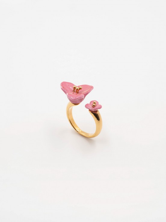 Bague Bougainvilliers Rose Plaquées Or & Porcelaine