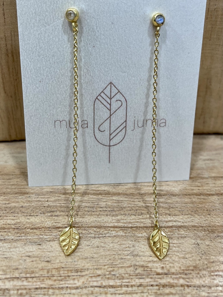 Puces d'Oreilles Feuille suspendue Argent Plaqué Or & Pierre de Lune - Muja Juma
