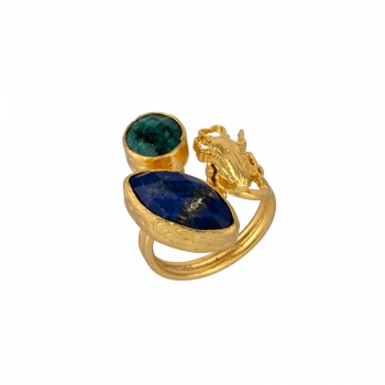 Bague Ajustable Laiton Plaqué Or & Lapis-Lazuli & Emeraude