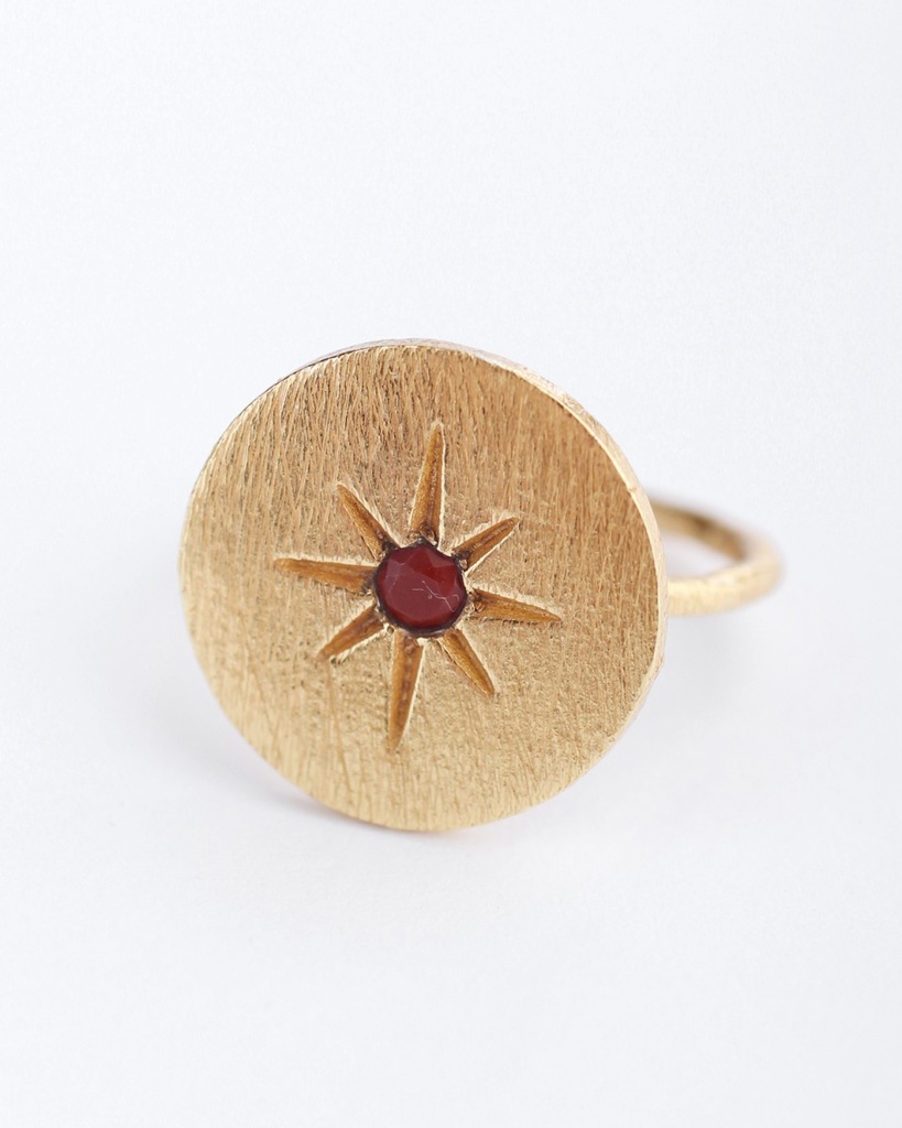 Bague Etoile Ronde Argent Plaqué Or & Jaspe Rouge - Muja Juma