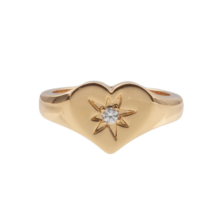 Bague 'Chérie Signet Heart Clear' - Laiton Plaqué Or & Zircon - All The Luck In The World