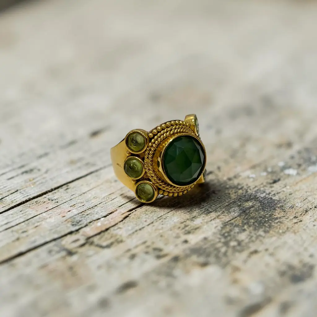 Bague 'Jasmine' Laiton plaqué or 3 microns & Serpentine et Péridot - LA2L