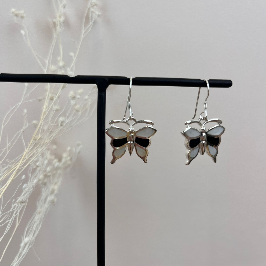 Boucles d'oreilles 'Papillon' Argent 925 - Nacre & Onyx [1729]