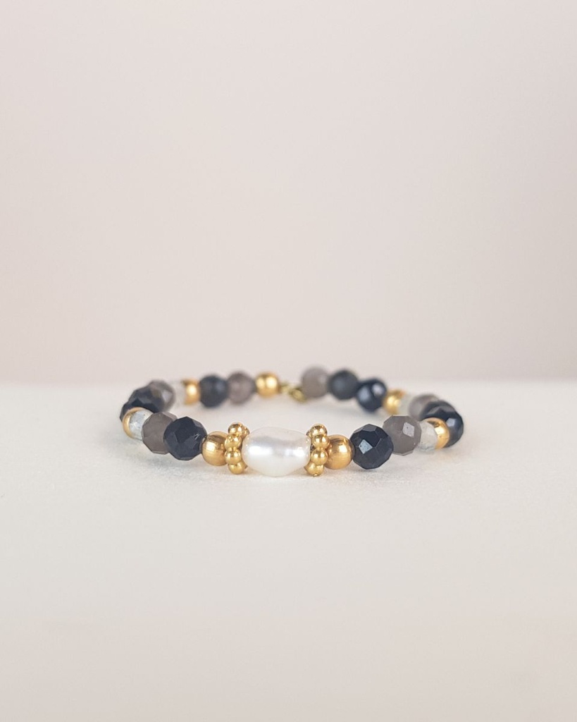 Bague - Taille Unique - Labradorite, Spinelle, Obsidienne, Pyrite, Quartz & Perles Dorées - Muja Juma