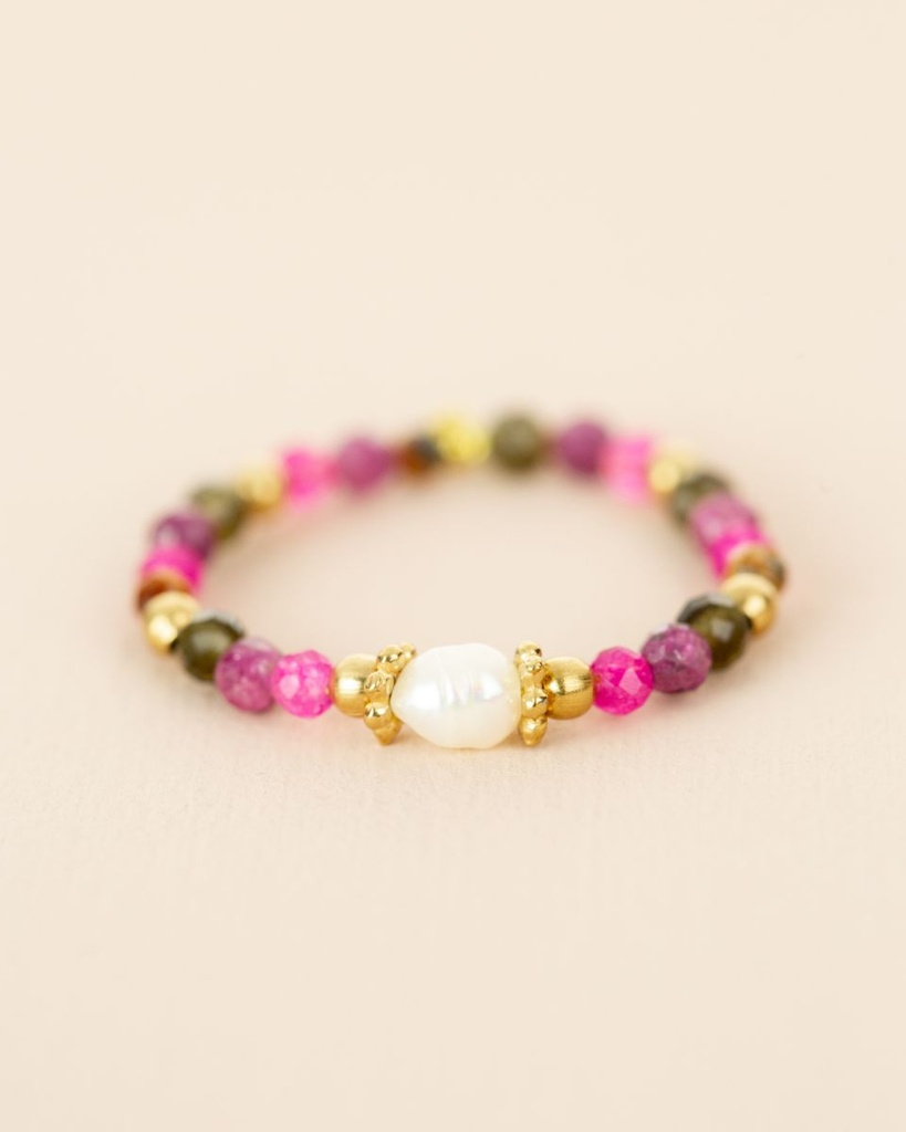 Bague - Taille Unique - Rubis, Grenat, Jade, Œil de Tigre, Obsidienne & Perles Dorées - Muja Juma