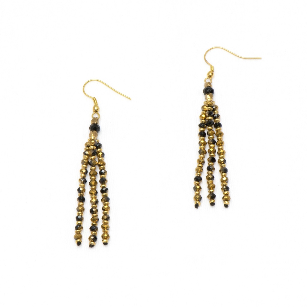 Boucles d'oreilles 'Enyo' - Laiton & Perles de Verre Facettées - Noir & Doré - Nataraj