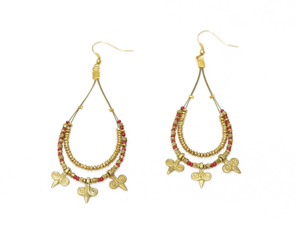 Boucles d'oreilles 'Lys' - Laiton & Perles en Céramique - Rouge - Nataraj