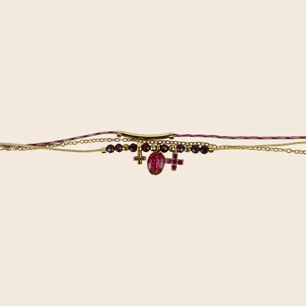 [GAR-LARA-BR-GRENAT] Bracelet double tour 'Lara' – Grenat – Chaine acier & laiton doré 2µ – Grenat – By Garance