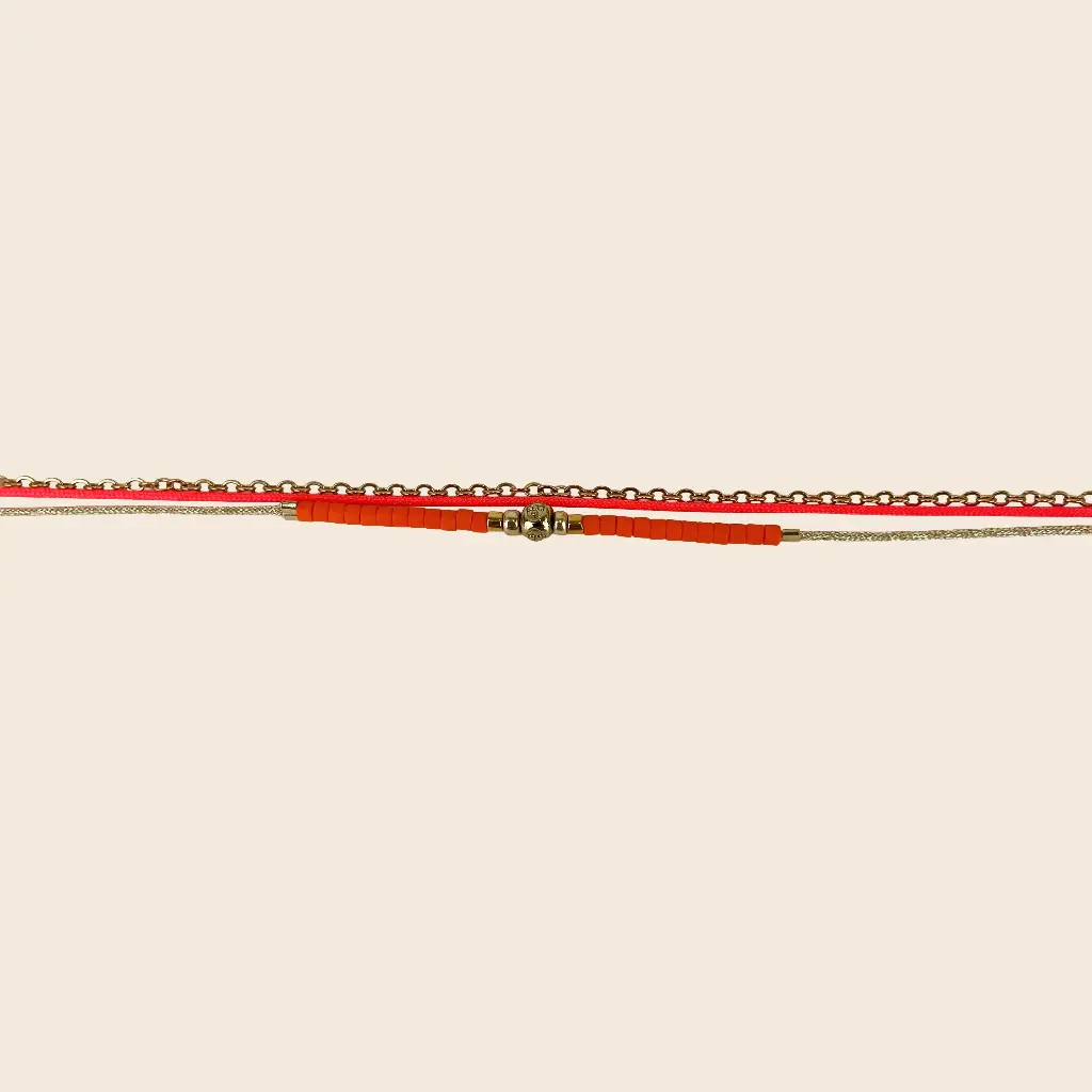 [GAR-FILA-BR-CORAIL] Bracelet double tour 'Fila' – Corail – Chaine acier & laiton doré 2µ – By Garance