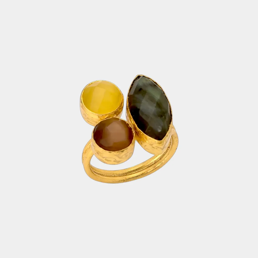 [TCS-IFR612E-56-A] Bague – Laiton plaqué or – Labradorite & œil de chat – Taille 56 – The Craftshop