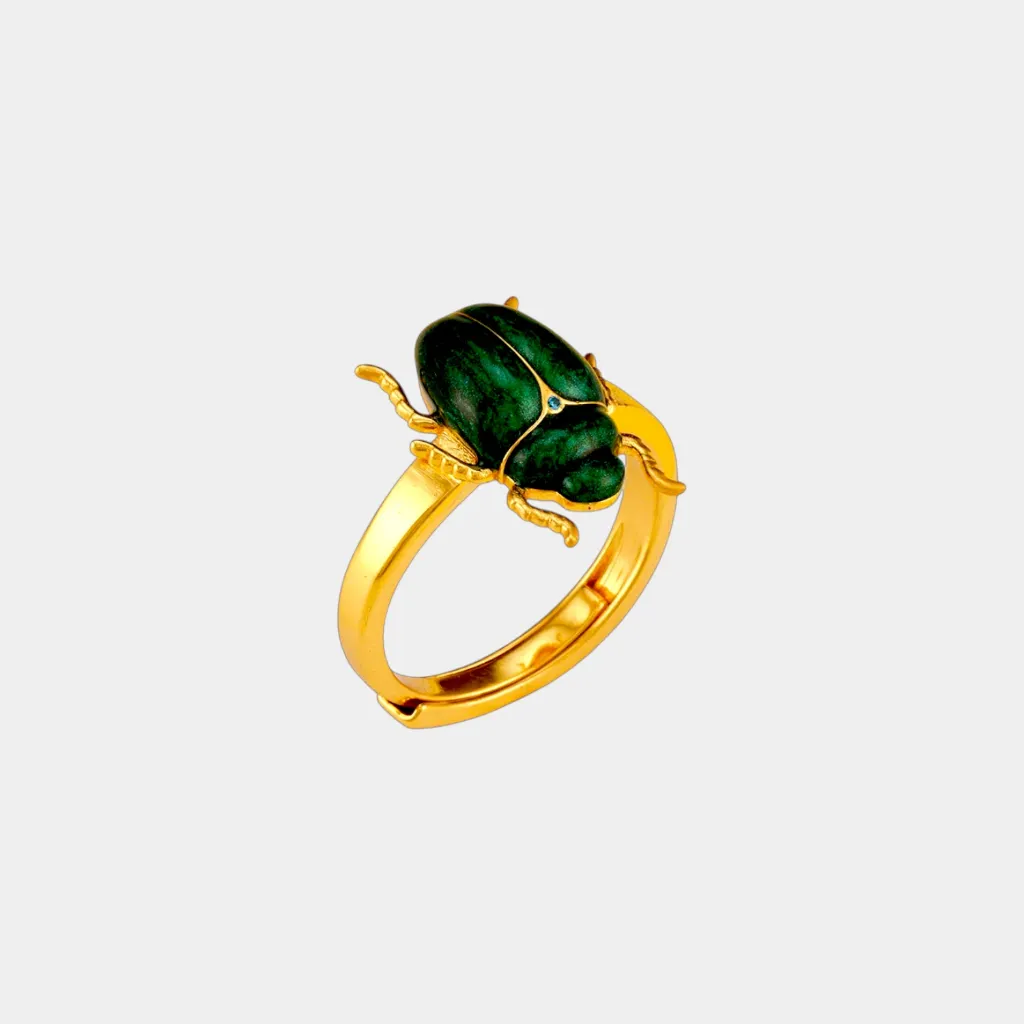 [TCS-RUV6-54-A] Bague 'Scarabée' – Laiton plaqué or & émail – Calcédoine bleue – Taille 54 – The Craftshop