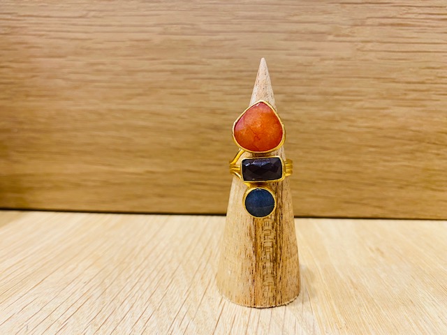 Bague Plaquée Or Calcédoine Orange & Bleue, Améthyste [Bague Ajustable]