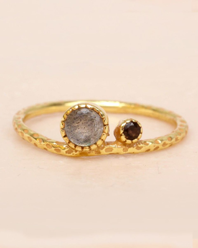 Bague Argent Plaqué Or, Labradorite & Quartz Fumé (56) - Muja Juma