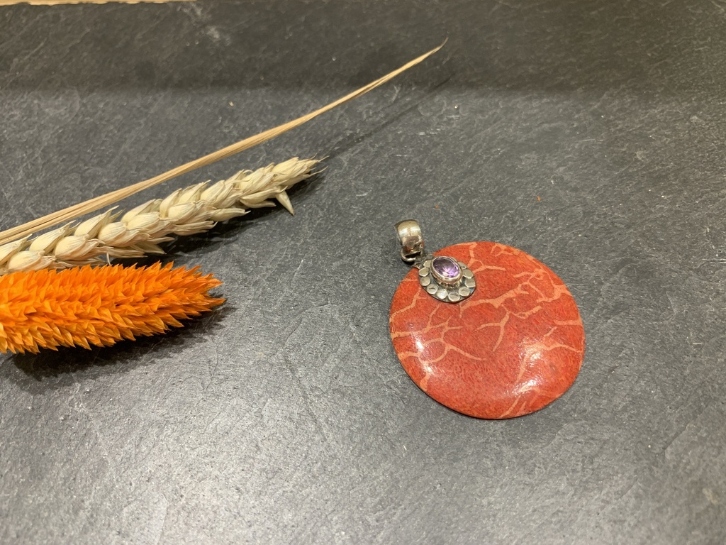 [PEAR-0172-1-7,5-5] Pendentif Argent 925 & Poudre de Corail & Améthyste [0172]