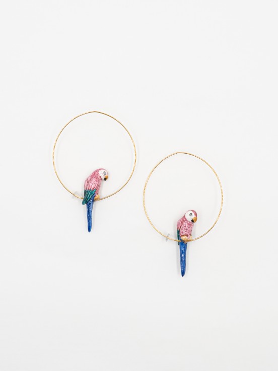 [NACH-BO-J411] Créoles Perroquet Rose Plaquées Or & Porcelaine [Boucles d'Oreilles]