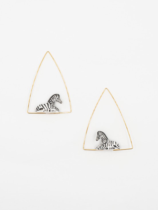 [NACH-BO-J471] Créoles Triangulaires Zebra Plaquées Or & Porcelaine [Boucles d'Oreilles]