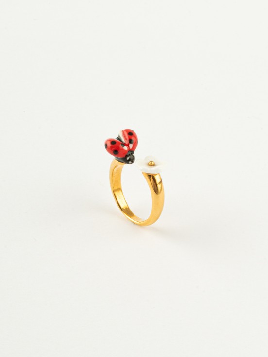 [NACH-BA-BB153] Bague Coccinelle et Fleur Blanche Plaquées Or & Porcelaine - Nach