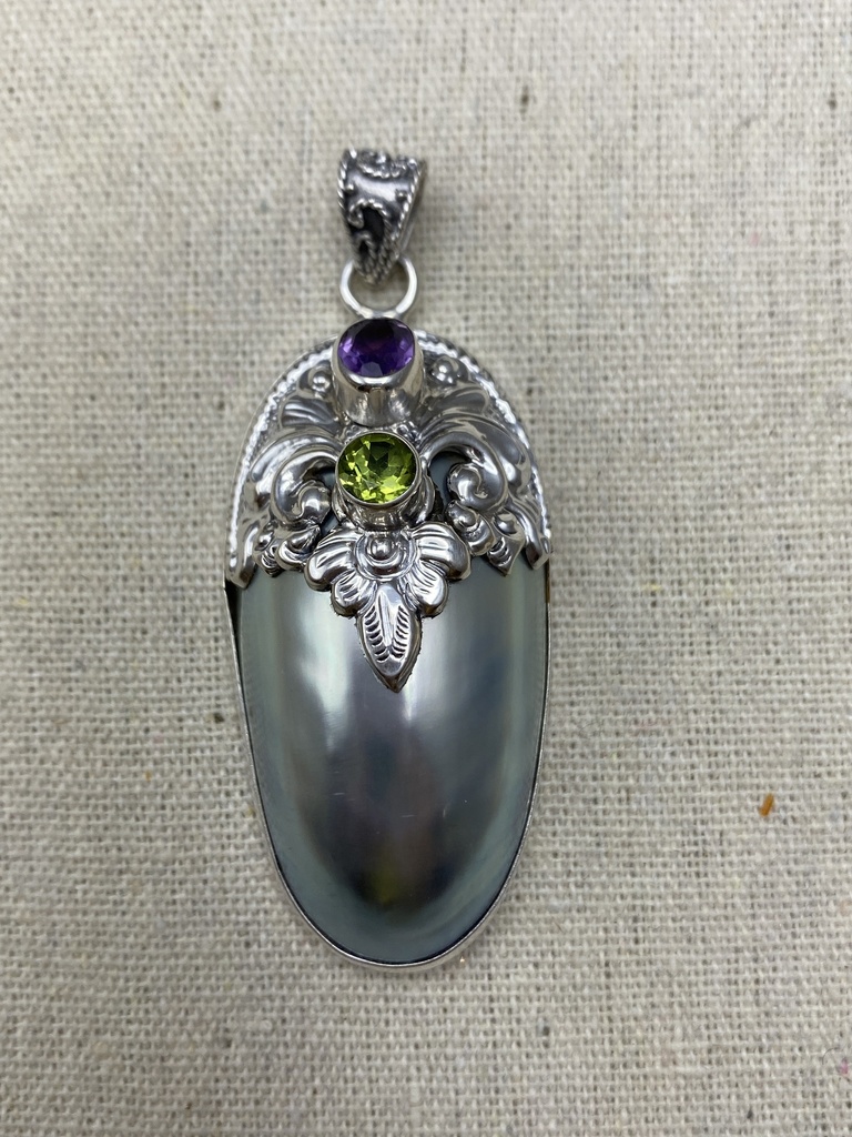 [PEAR-0277-1-19-8,5] Pendentif Argent 925 & Nacre & Amethiste & Péridot [0277]