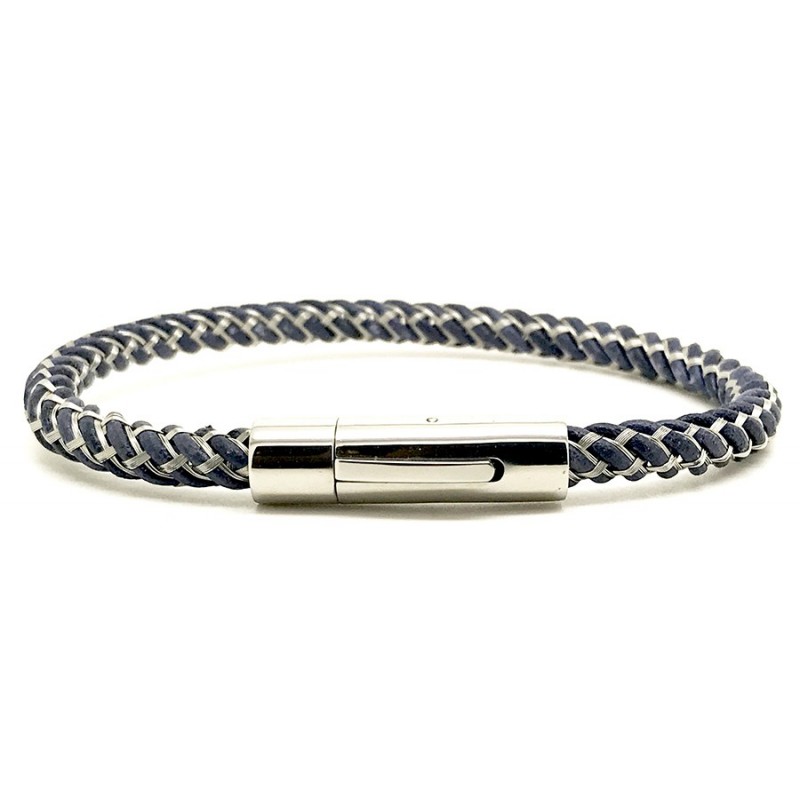 [LOOP-ACRKG-BL-2-M] Bracelet Tressé en Cuir et Fil d'Acier Bleu