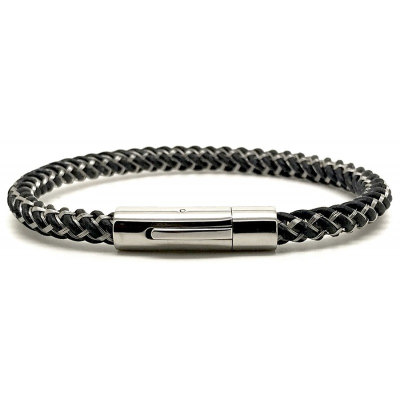 [LOOP-ACRKG-NR-2-S] Bracelet Tressé en Cuir et Fil d'Acier Noir