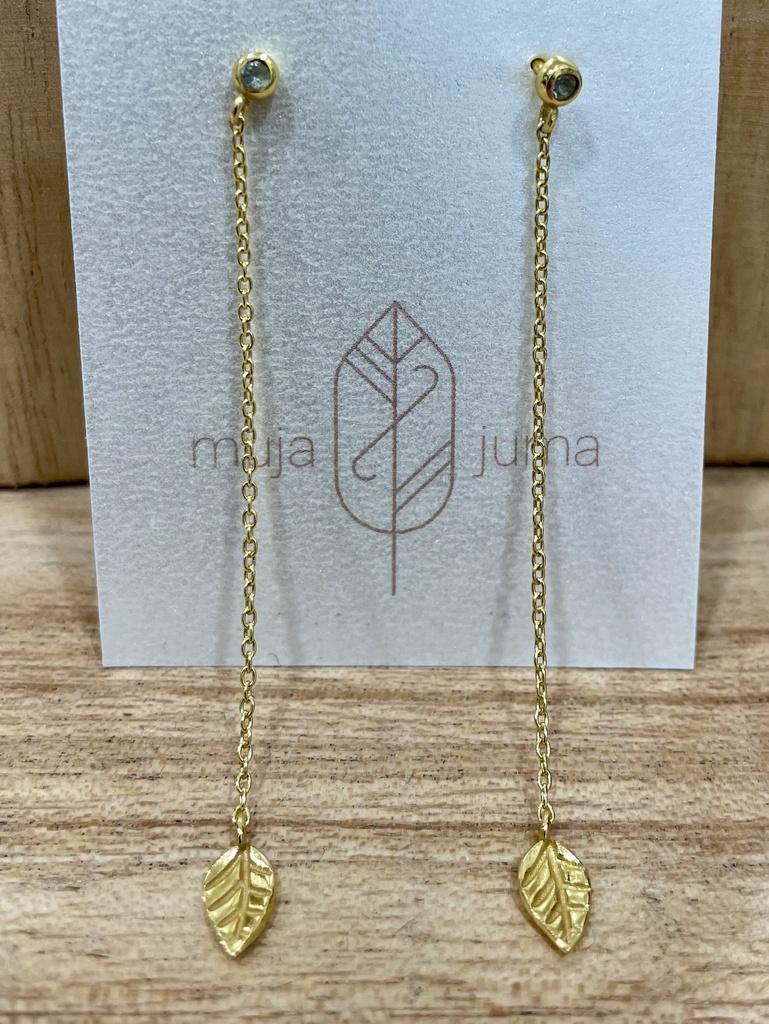 [MUJA-1834-GB-9] Puces d'Oreilles Feuille suspendue Argent Plaqué Or & Topaze bleu [0138]