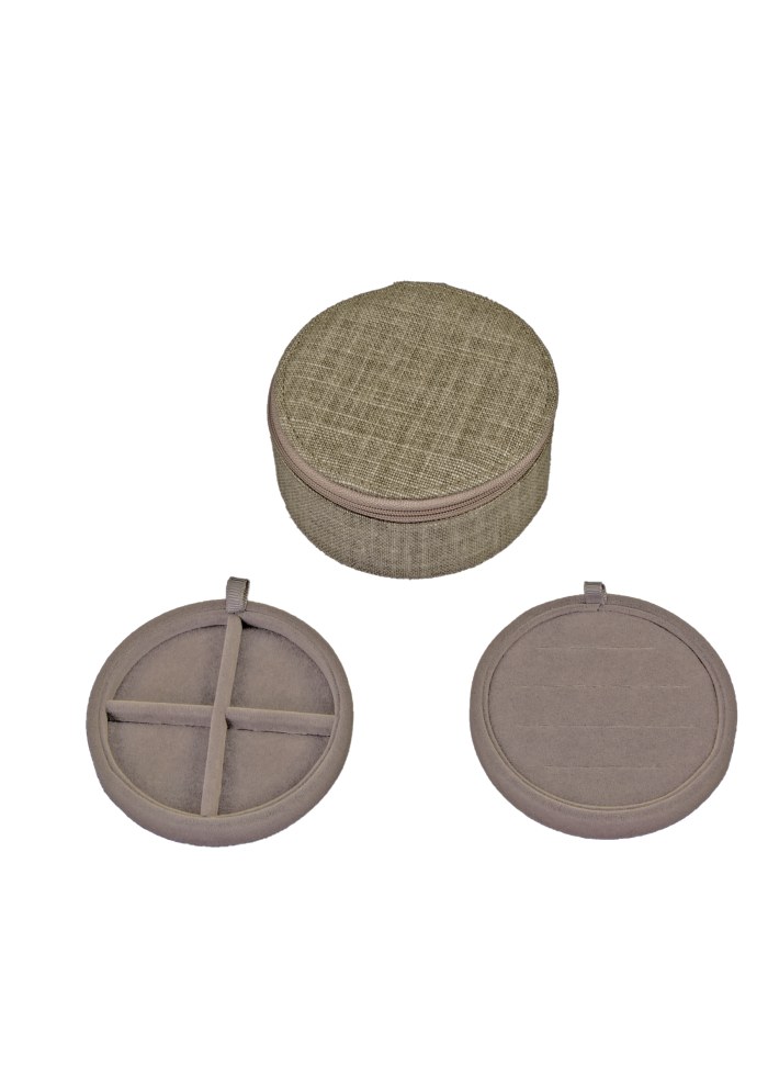 [BOND-7846] Boite à bijoux 'belgian linen' ronde taupe - Bon Dep