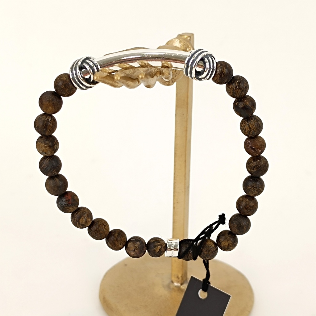 [DOZ-E0573-BR-M] Bracelet Pierres 6mm Medium - Bronzite et Argent